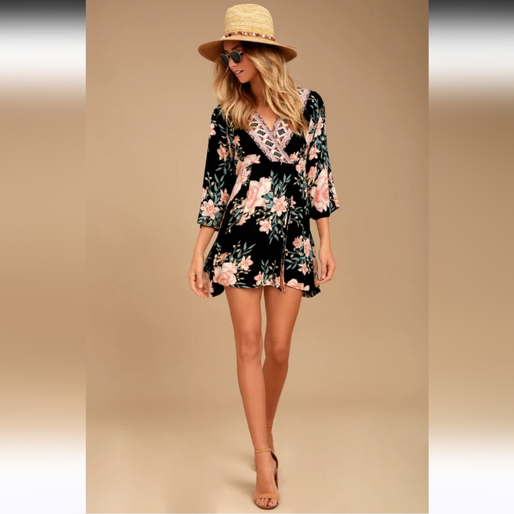 Billabong Divine Black Floral Print Wrap Dress